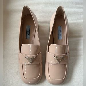 Prada Patent Leather Logo Loafers Beige